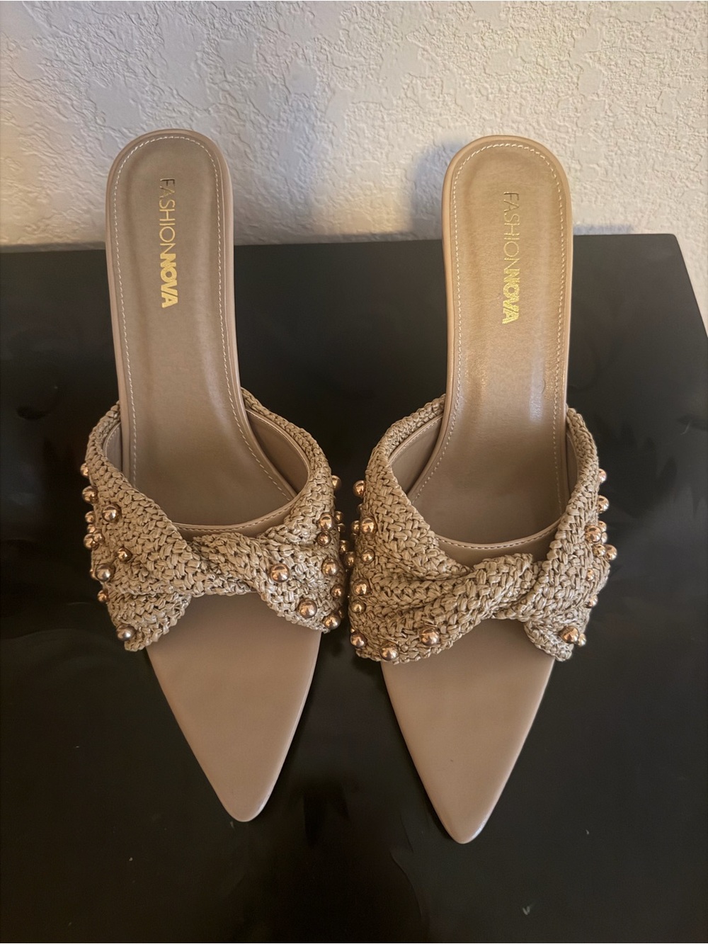 Fashion Nova Beige Braided Slide Mules with Gold Bead Accents